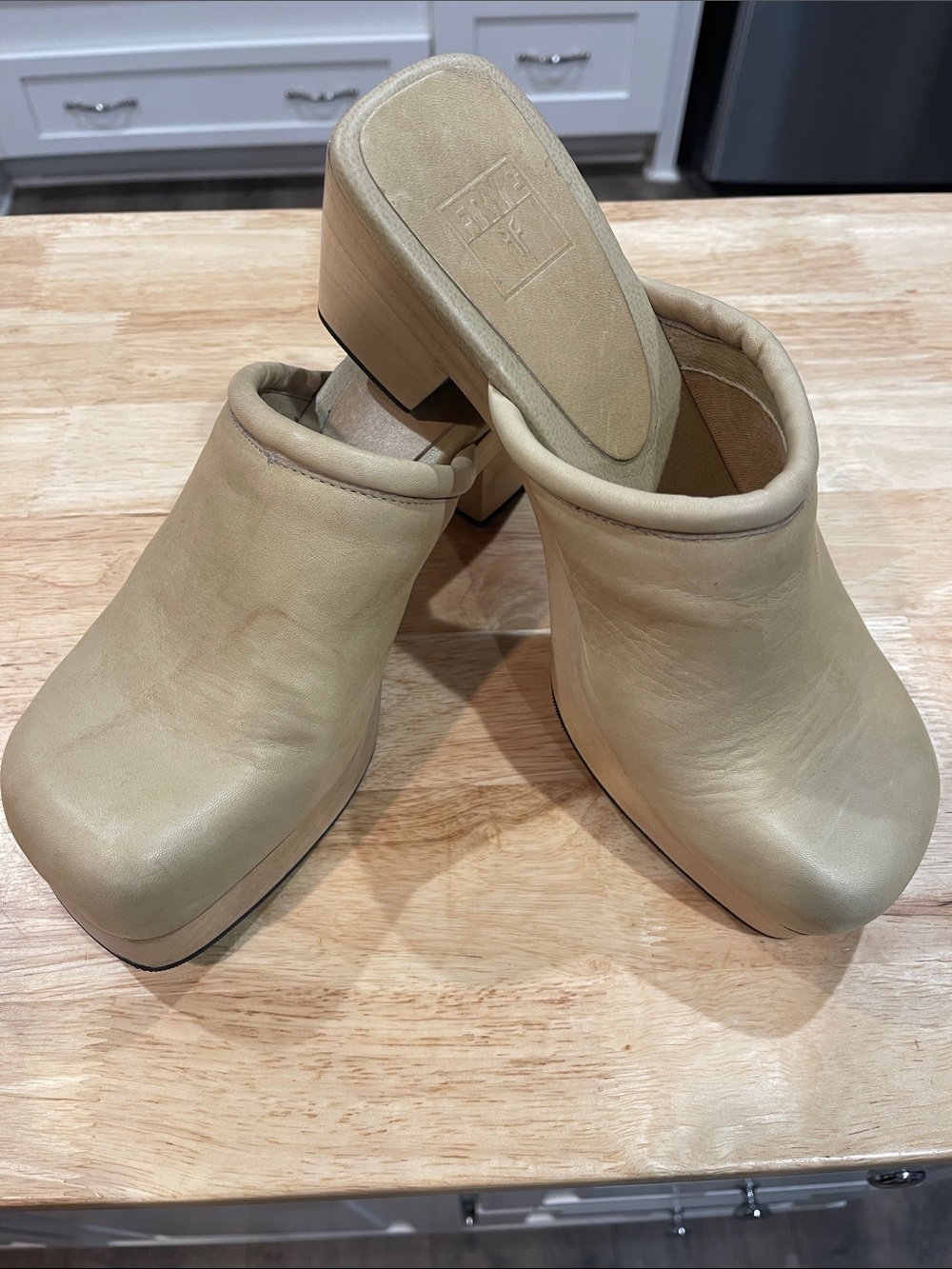 Frye Beige Leather Platform Clog Mules